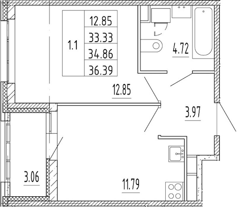 1-комнатная квартира 33.33 м², 1/11 эт., ЖК «Полис Приморский 2»